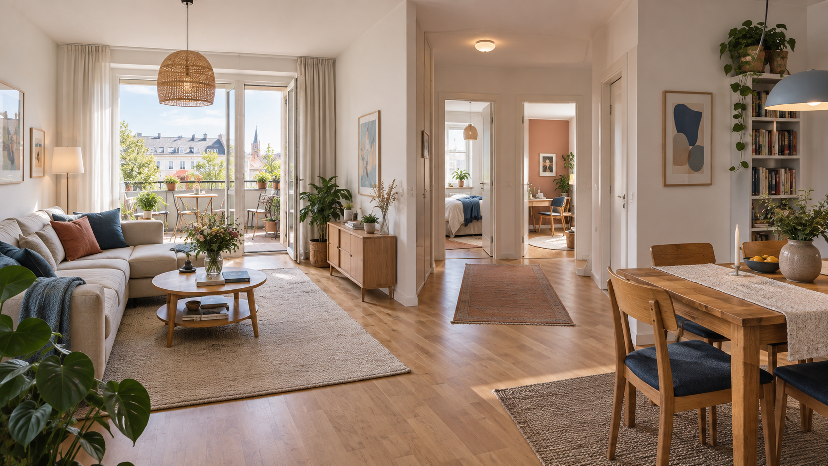 Heller Wohn- und Essbereich mit Blick in zwei weitere Zimmer einer Drei-Zimmer-Wohnung